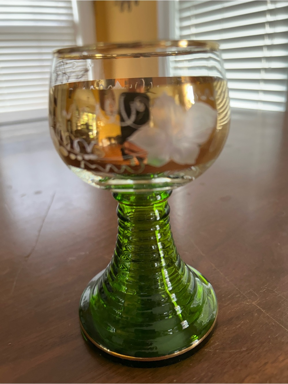 Green Stemmed Glass Goblet with Gold Trim grape pattern 5 inches tall